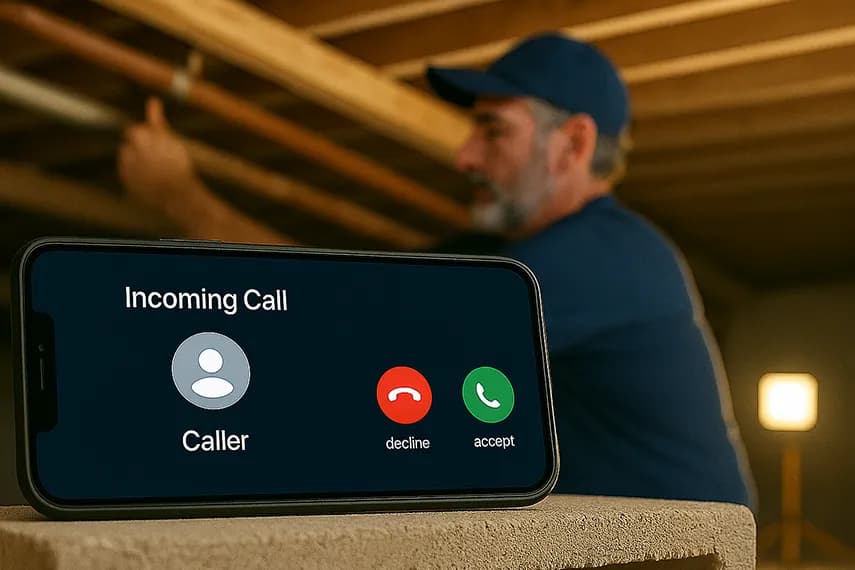 HVAC technician under a crawlspace while a new customer is calling.  Oncall Receptionist will handle the call for him.